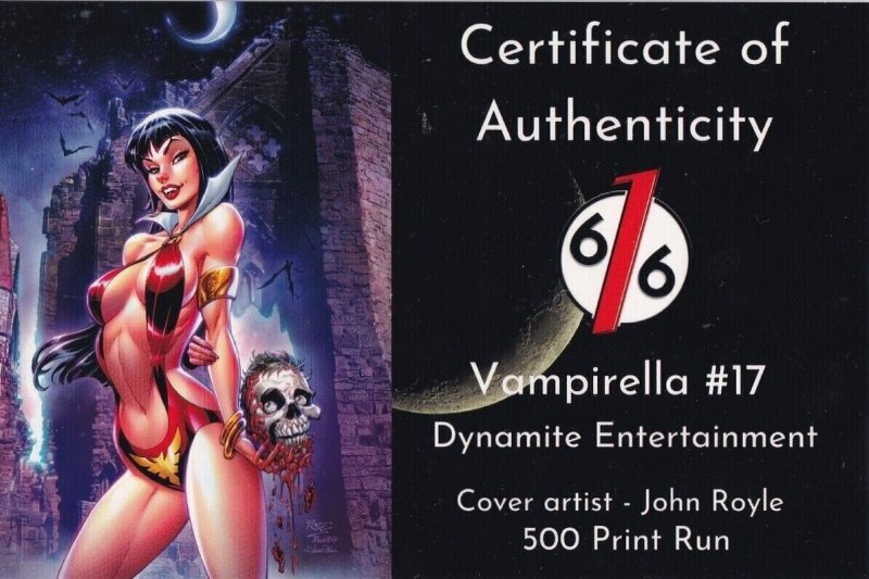 VAMPIRELLA #17 JOHN ROYLE EXCLUSIVE VIRGIN VARIANT W/COA ~DYNAMITE NM.