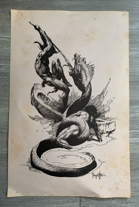 Vintage FRANK FRAZETTA Barbarians Fighting Giant Snake 11x17 Print GD+ 2.5