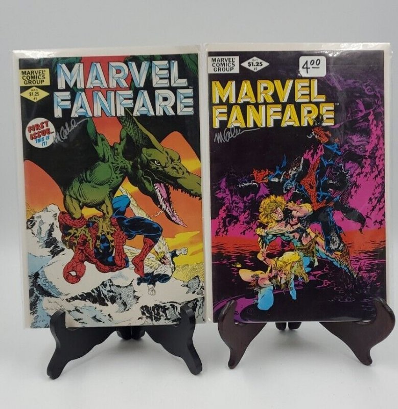 Lot of 2 MARVEL FANFARE #1 & #2 Mar 1982 both signed by Michael Golden Boarded  