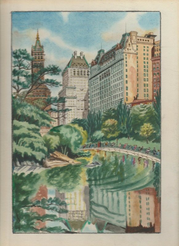 CITY PARK WITH LAKE & TOURIST Painted Art by J Barry 9x12 Greeting Card Art #nn