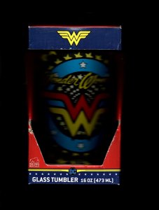 WONDER WOMAN 16OZ GLASS | 1980S LOGO | CLASSIC COMIC STAR BURST | NEW IN BOX