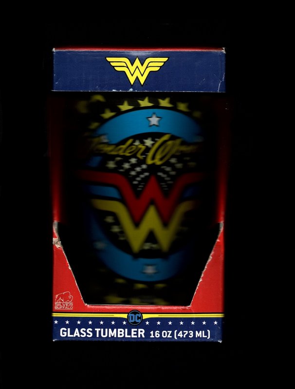 WONDER WOMAN 16OZ GLASS | 1980S LOGO | CLASSIC COMIC STAR BURST | NEW IN BOX