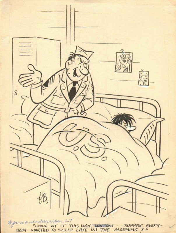 Army Sleeping Cate Gag - 1955 Humorama art by Frank Beaven