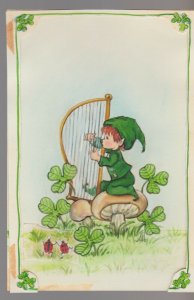 LEPRECHAUN Playing Harp to Ladybugs 4x6 #256 St Patrick's Day Greeting Card Art