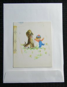 GET WELL SOON Boy in Overalls Dancing with Dog 6x7 Greeting Card Art #C8698