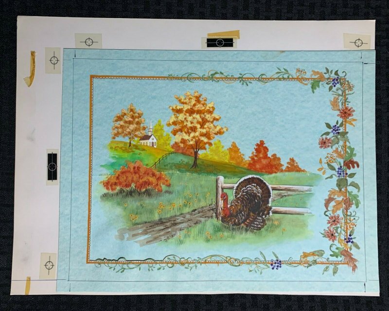 NATURE'S BLESSINGS Turkey w/ Fence & Fall Trees 15x11.5 Greeting Card Art #Dec 