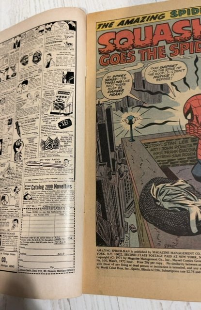 The Amazing Spider-Man #106 (1972)squash goes the spider foxing/ brownign