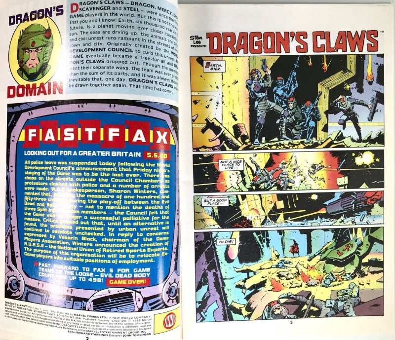 DRAGON’S CLAWS Comic Issue 1 — 32 Pages $1.25 Cover — 1988 Marvel Comics UK F+ 