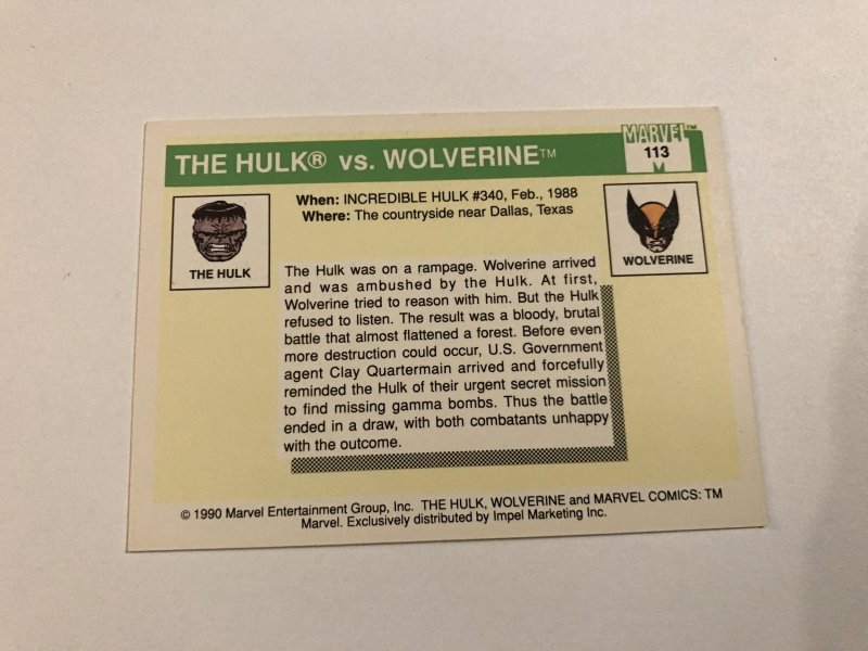 HULK VS. WOLVERINE #113 : 1990 Marvel Universe Series 1 card, NM/M, Battles