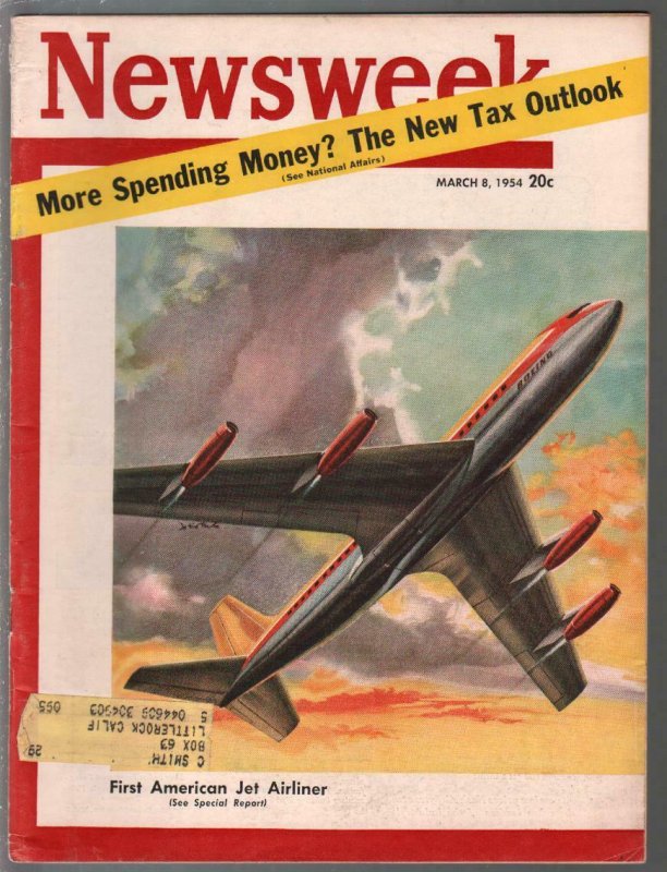 Newsweek 3/8/1954-1st American Boeing jet liner-NASCAR-death pix-FN