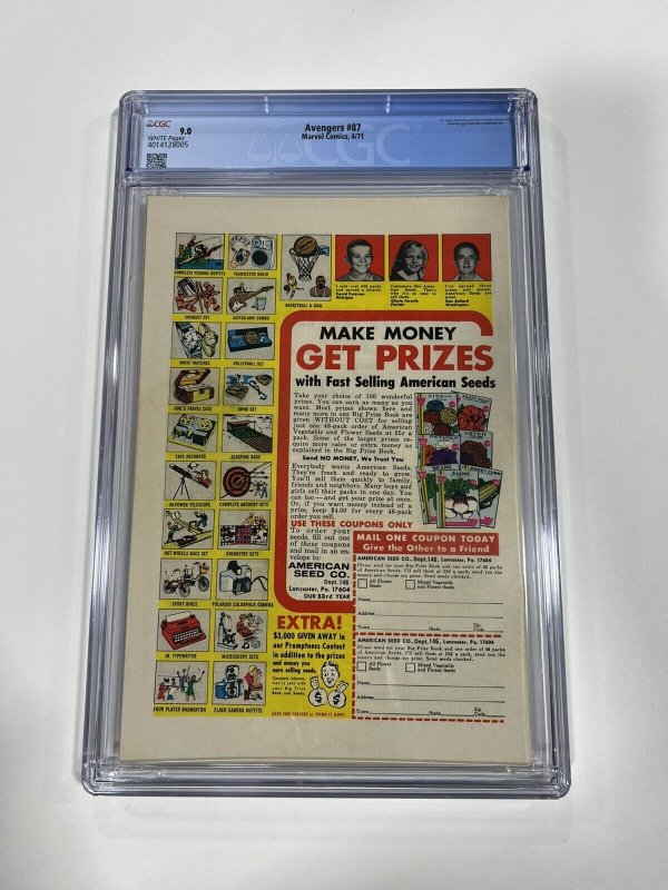 AVENGERS 87 CGC 9.0 WHITE PAGES MARVEL 1971 