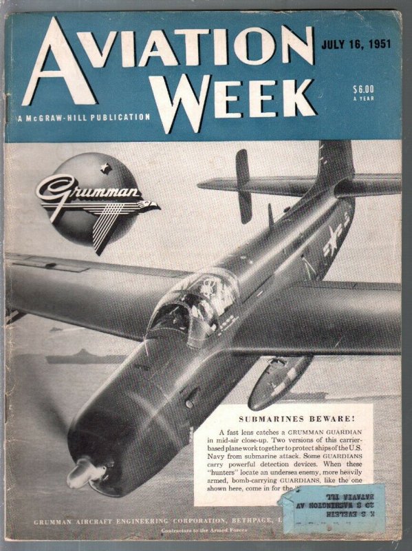 Aviation Week 7/16/1951-submarine chaser cover-aviation photos-stories-info-VG