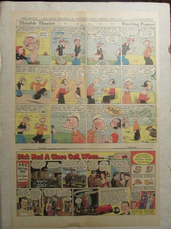 1943 June 6 SUNDAY COMIC PAGE 15x21 FN 6.0 Popeye / Skippy / Annie Rooney
