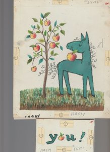 HAPPY BIRTHDAY Blue Horse w/ Apple Tree 2pcs 7.5x9 Greeting Card Art #B574