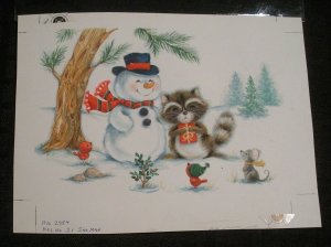 CHRISTMAS Cute Frosty Snowman Racoon Mouse 7.5x5.5 Greeting Card Art #2984