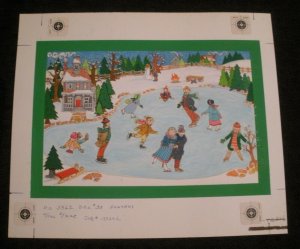 CHRISTMAS People Ice Skating at Lake Front House 8.5x7.5 Greeting Card Art #3362