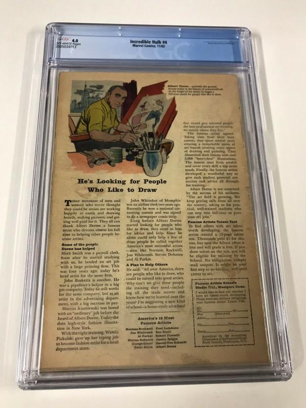 Incredible Hulk 4 Cgc 4.0 Ow Pages Marvel Silver Age
