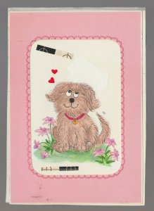 VALENTINE Cartoon Shaggy Dog w Pink Flowers & Hearts 5x7 Greeting Card Art #nn