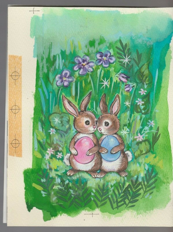 IT'S EASTER Cute Bunny Rabbits w/ Pink & Blue Eggs 7x9 Greeting Card Art #E2819