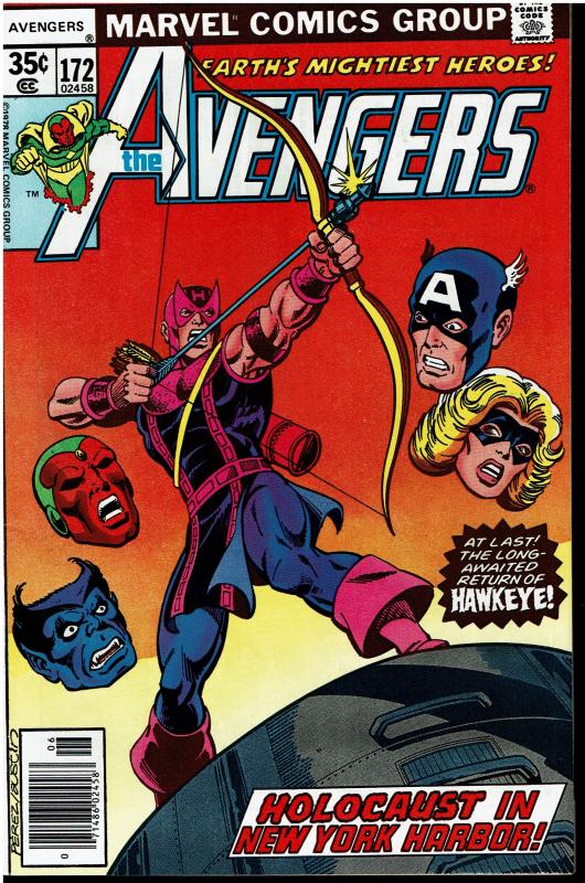 Avengers #172, 8.0 or Better - Hawkeye Rejoins!