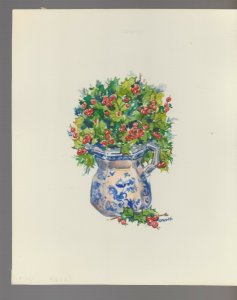 MERRY CHRISTMAS Holly in Blue White Pottery 7.5x9 Greeting Card Art #FL421