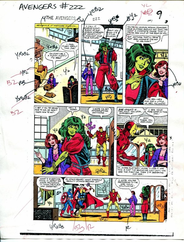 Avengers #222 1982 Hand Painted  Colorguide Page 7-She-Hulk,Thor, Ironman-VG