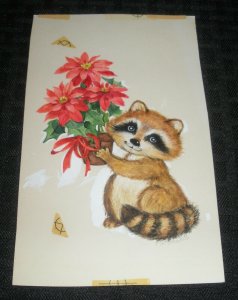 MERRY CHRISTMAS Raccoon w/ Poinsettias 4.25x7 Greeting Card Art #450-12