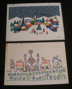MERRY CHRISTMAS Cartoon Colorful Towns 2pcs 9x6.5 Greeting Card Art #88 BB81 