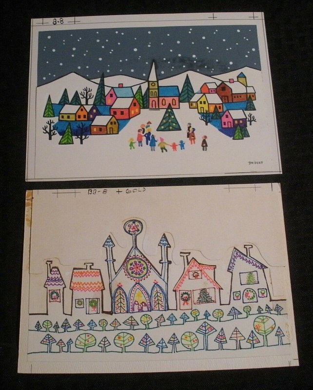 MERRY CHRISTMAS Cartoon Colorful Towns 2pcs 9x6.5 Greeting Card Art #88 BB81