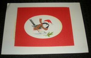 MERRY CHRISTMAS Tiny Bird in Santa Hat & Scarf 9x6.25 Greeting Card Art #103