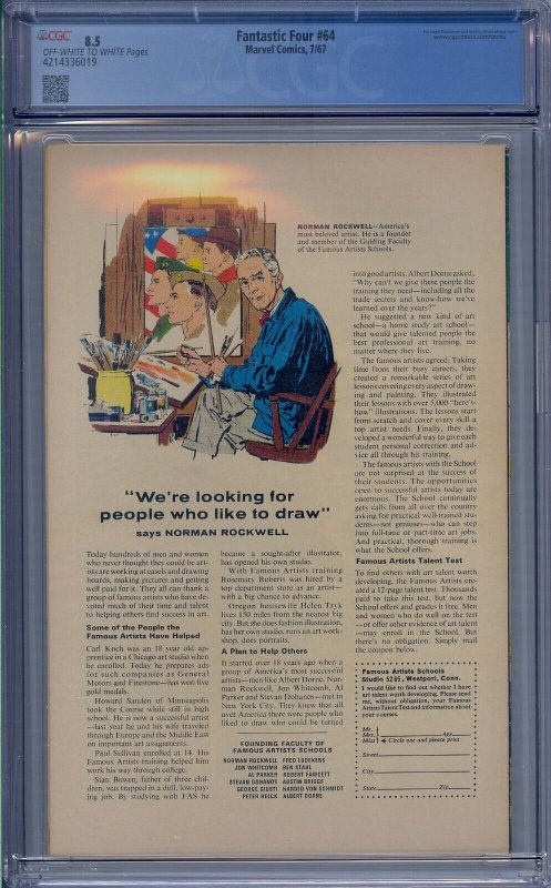 FANTASTIC FOUR #64 CGC 8.5 1ST KREE SENTRY CRYSTAL TRITON LOCKJAW 6019