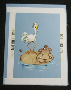 A NUTSY FRIEND Painted Stork on Hippo Back 8x10 Greeting Card Art #B8820