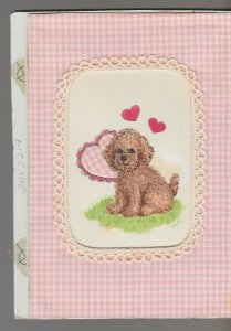 VALENTINE Cute Dog with Hearts & Fabric Border 5x7 Greeting Card Art #V3214