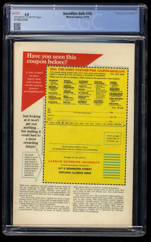 Incredible Hulk #181 CGC FN 6.0 Off White to White 1st Appearance Wolverine!