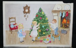 Original Christmas Greeting Card Art - Kids Decorating Tree art by Alice Henshaw