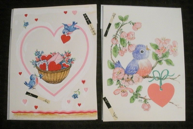 VALENTINE Blue Birds Pink Hearts Basket 2pcs 4.5x6 Greeting Card Art #3411 3525