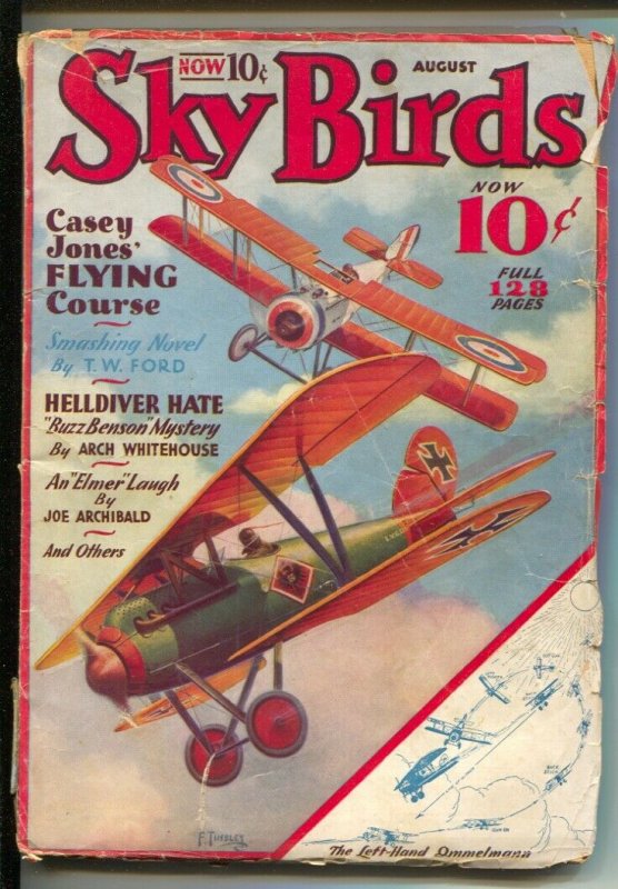 Sky Birds 8/1933-Ace-Bi-plane battle cover by Frank Tinsley-Buzz Benson myste...