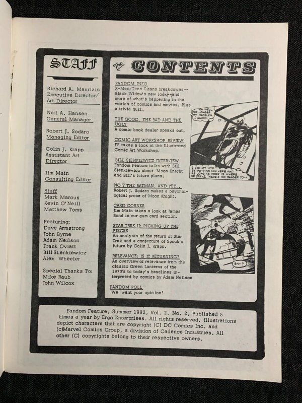 1982 Summer FANDOM FEATURE Fanzine #2 FN- 5.5 Bill Sienkiewicz Moonknight