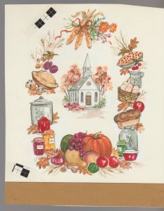 CHURCH w/ Corn Pumpkins Oie Border 5x6.5 #7901 Thanksgiving Greeting Card Art