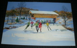 CHRISTMAS Couples Ice Skating Under Covered Bridge 9x6 Greeting Card Art #50-8