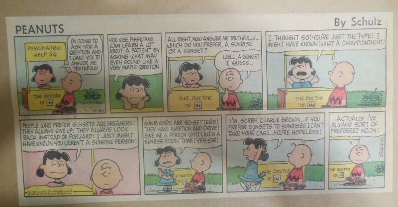 Peanuts Sunday Page by Charles Schulz from 11/20/1966 Size: ~7.5 x 15 inches
