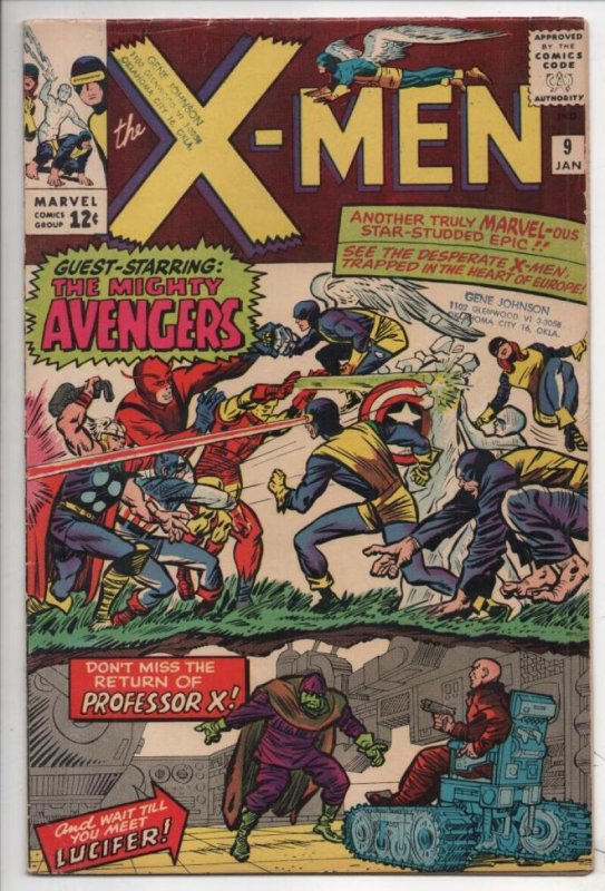 X-MEN #9, POOR, Avengers x-over, Lucifer, Jack Kirby, 1965, missing pages