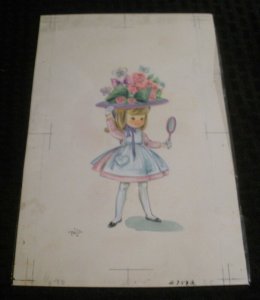 EASTER Cute Girl in Flower Hat w/ Mirror 7x11 Greeting Card Art #1512