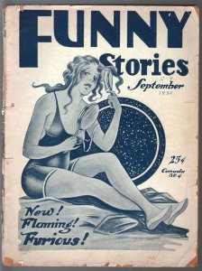 Funny Stories 9/1930-spicy pulp stories & art-very rare-spicy swimsuit cover-G