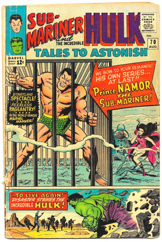 TALES TO ASTONISH #70 (Aug1965)  Ist Starring of SUB-MARINER and INCREDIBLE HULK