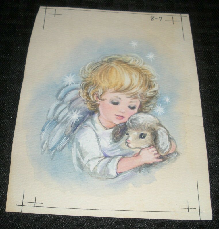 CHRISTMAS Cute Angel Girl w/ Lamb & Stars 5x6 Greeting Card Art #87