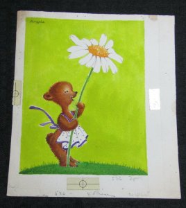 MOTHERS DAY Painted Bear in Apron w/ White Flower 7x8.5 Greeting Card Art #536