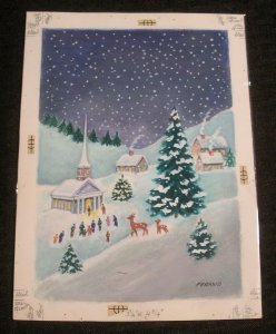 MERRY CHRISTMAS Small Valley Town w/ Church & Deer 6.5x9 Greeting Card Art #511