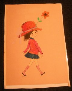 CUTE GIRL with Orange Hat & Flower 8x11 Greeting Card Art #9622