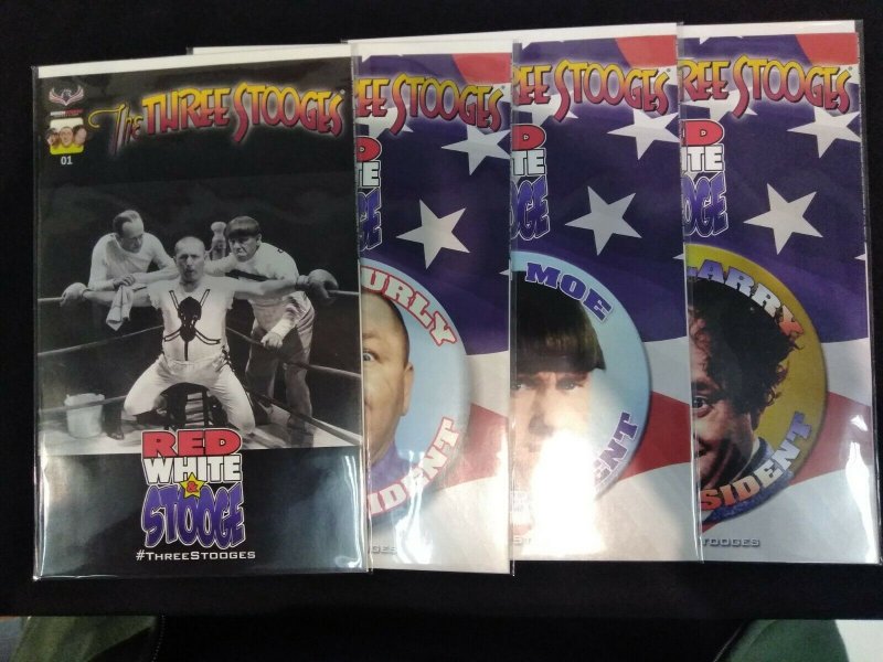 The Three Stooges: Red, White, & Stooge #1 LOT OF 4 MOE, LARRY, CURLY VARIANTS